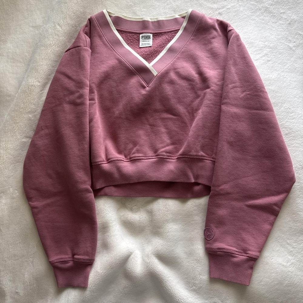 PINK Victoria's Secret Dusty Mauve Cropped V-Neck Sweatshirt with Cream Trim